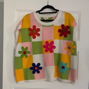 BiBi Checkerboard Crewneck Sweater in White, Pink, Yellow, Green